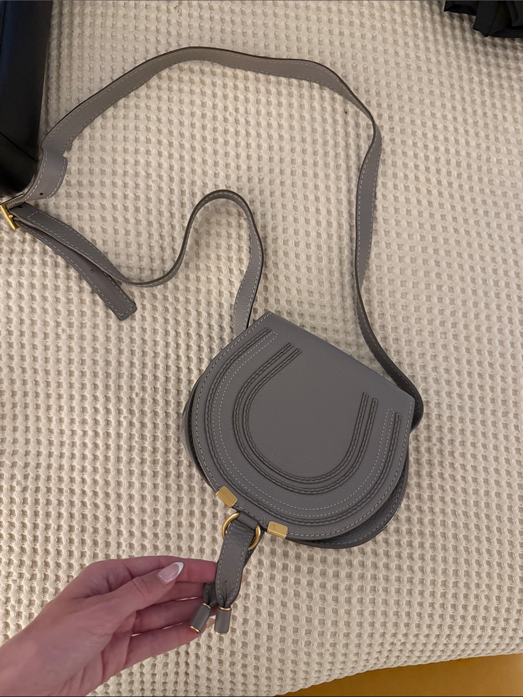 Chloe Gray Saddle Crossbody With Gold Accents